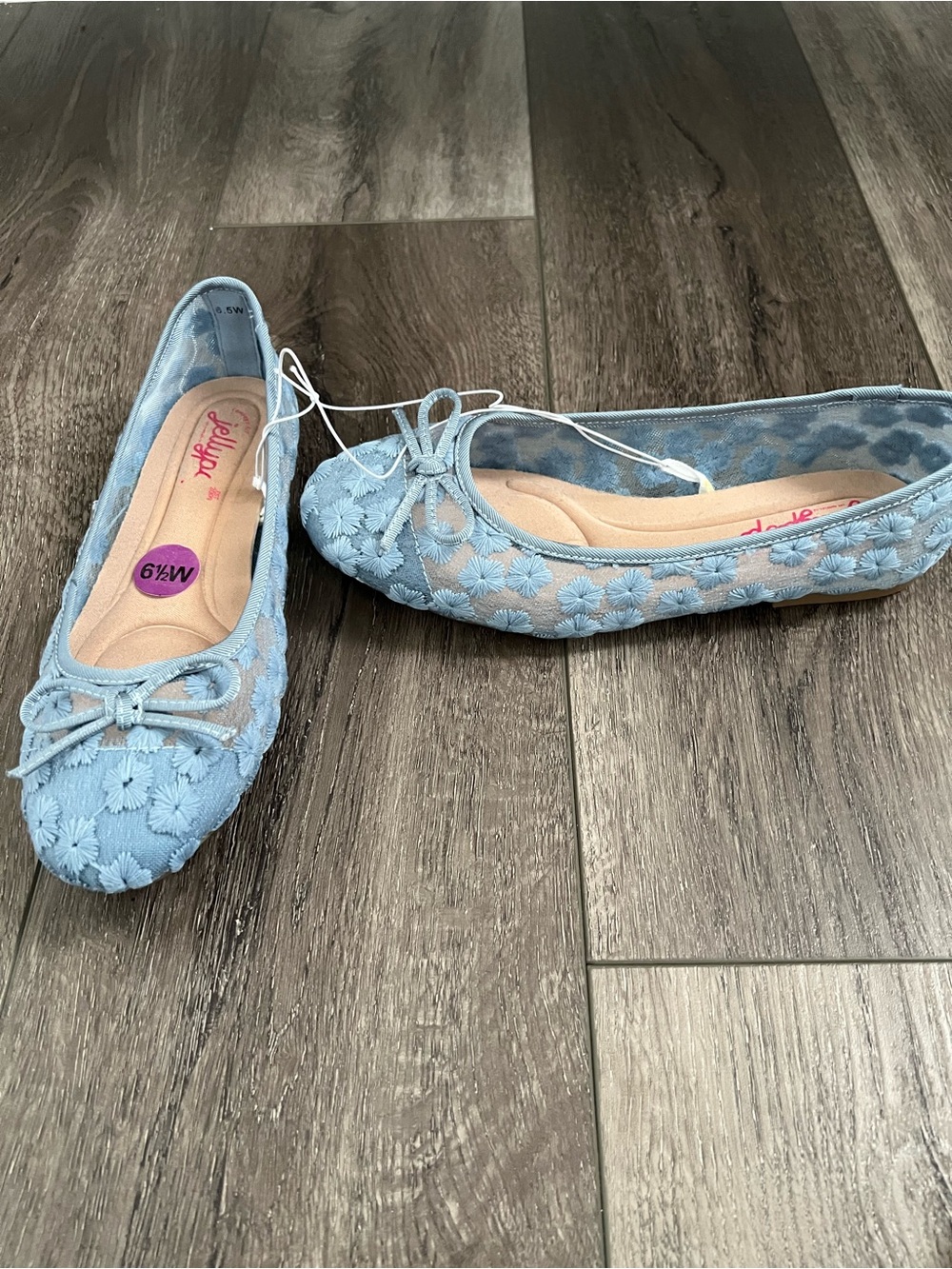 Jellypop Light Blue Floral Embroidered Ballet Flats with Bow